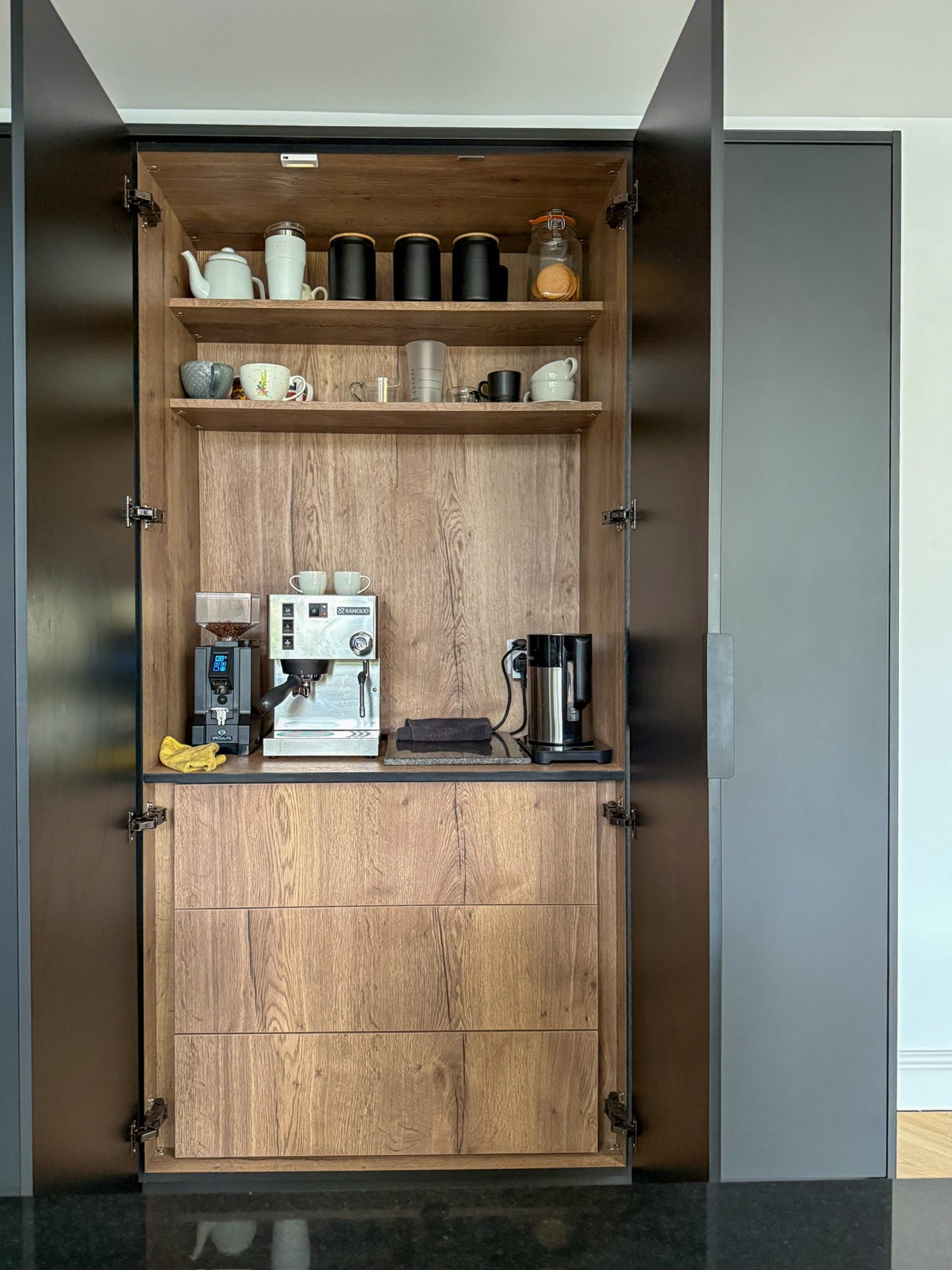 Coffee station cabinet oak interior espresso machine, made and fitted by Sussex Design Interiors