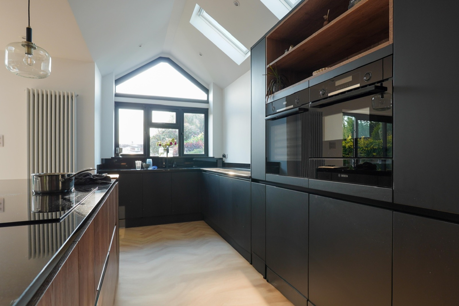 Kitchen black matte vaulted skylight, made and fitted by Sussex Design Interiors