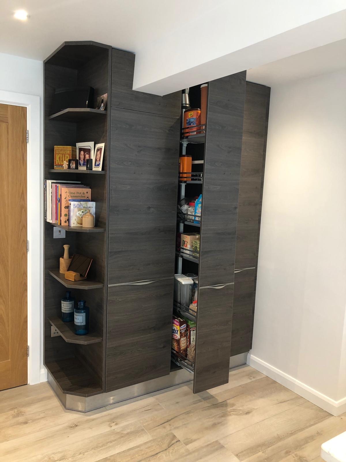 Pantry corner shelving bookcase, made and fitted by Sussex Design Interiors