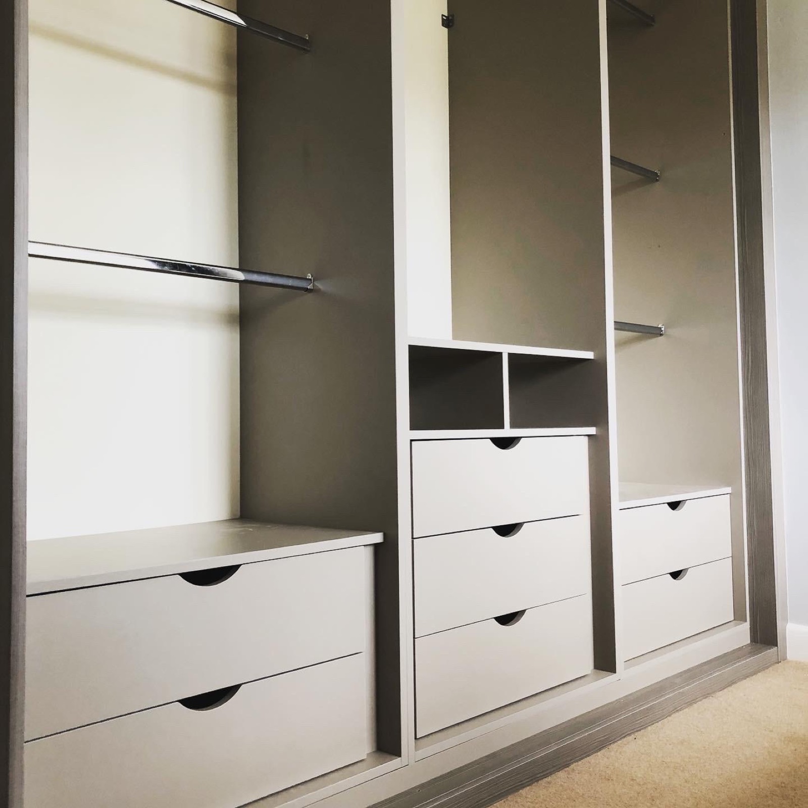 Wardrobe open shelves drawers taupe interior, made and fitted by Sussex Design Interiors